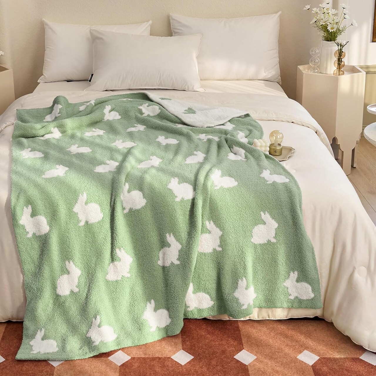 Ultra Soft Cozy Happy Easter Rabbits Spring Knitted Throw Blanket Fluffy Microfiber Checkerboard Bed Blanket Lightweight Both Sides Blanket for Couch Sofa Bed… (Rabbit Green, Throw 50“x60”)